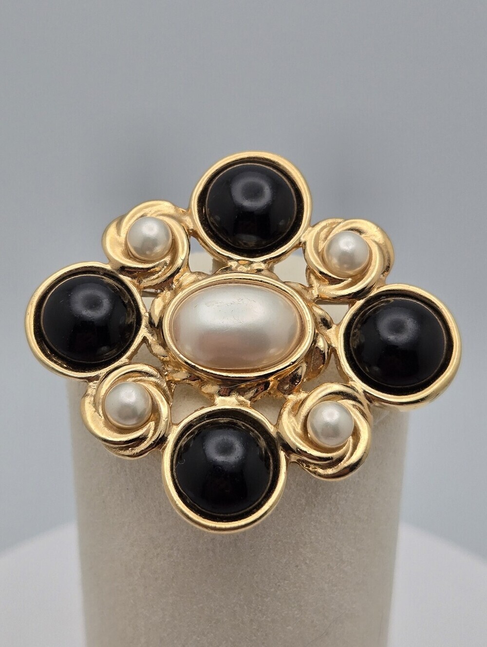 Vintage Maltese Cross Brooch Black White Cabochon Faux Pearl Gold Tone Pin